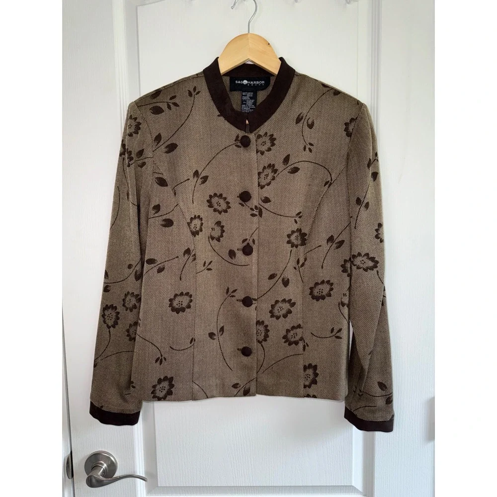 Vintage Sag Harbor Herringbone Floral Jacket Size 10 Brown Cottagecore BlazerVTG